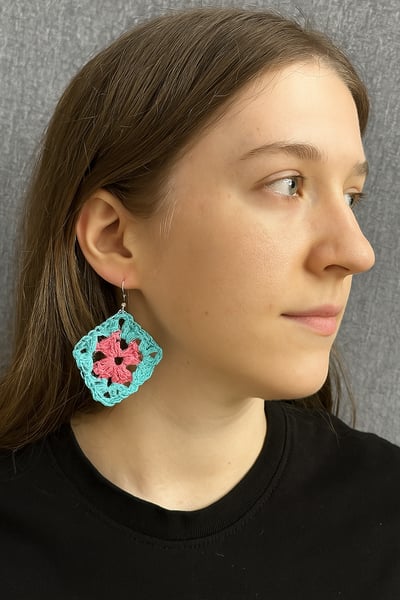 Blue and lime green granny square earrings - image 2